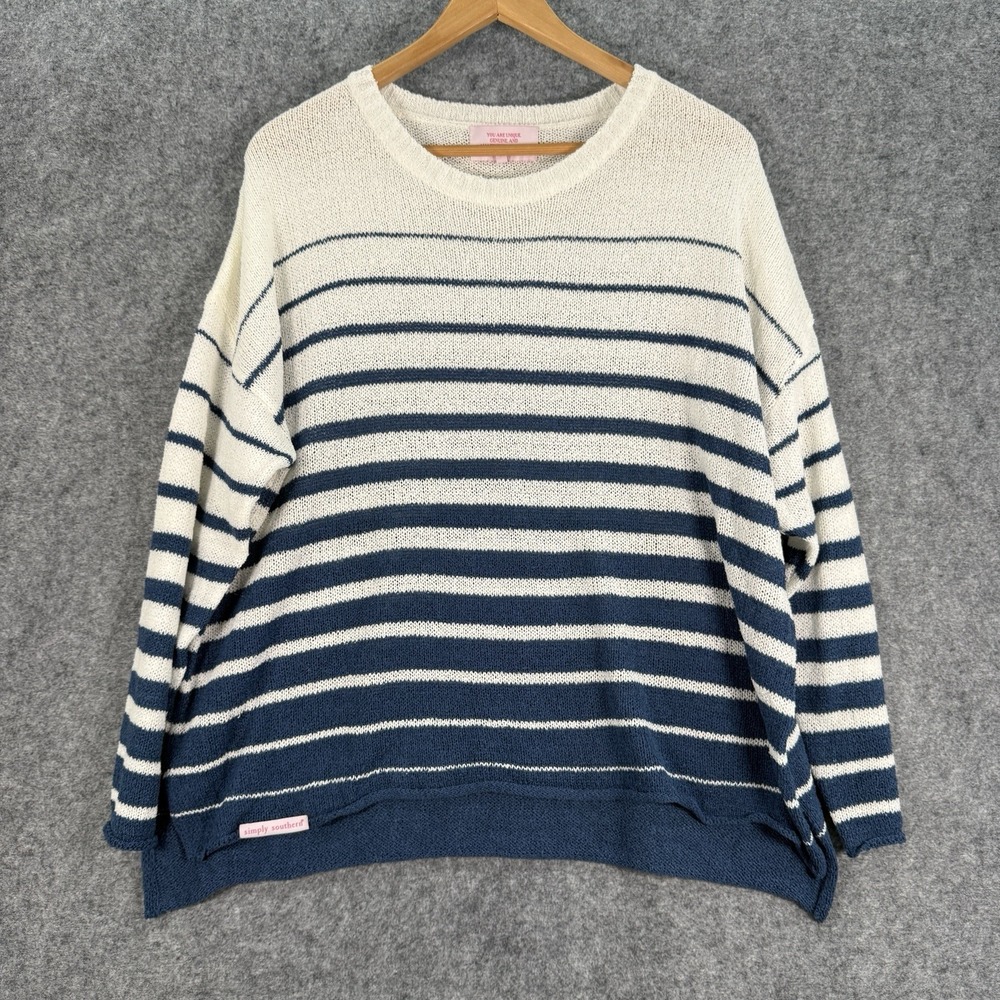 Simply Southern Sweater Womens L Blue White Stripe Lightweight Slouchy‎ Preppy